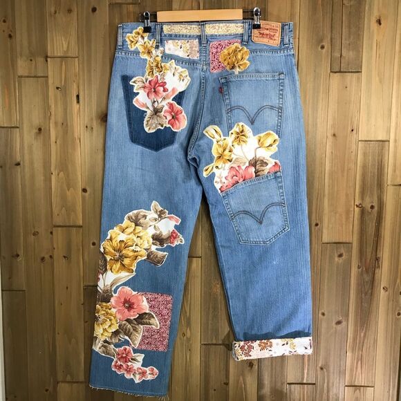 OOAK Levi’s Upcycled Boyfriend Floral Patch Jeans Sz 36/30 - Picture 8 of 16